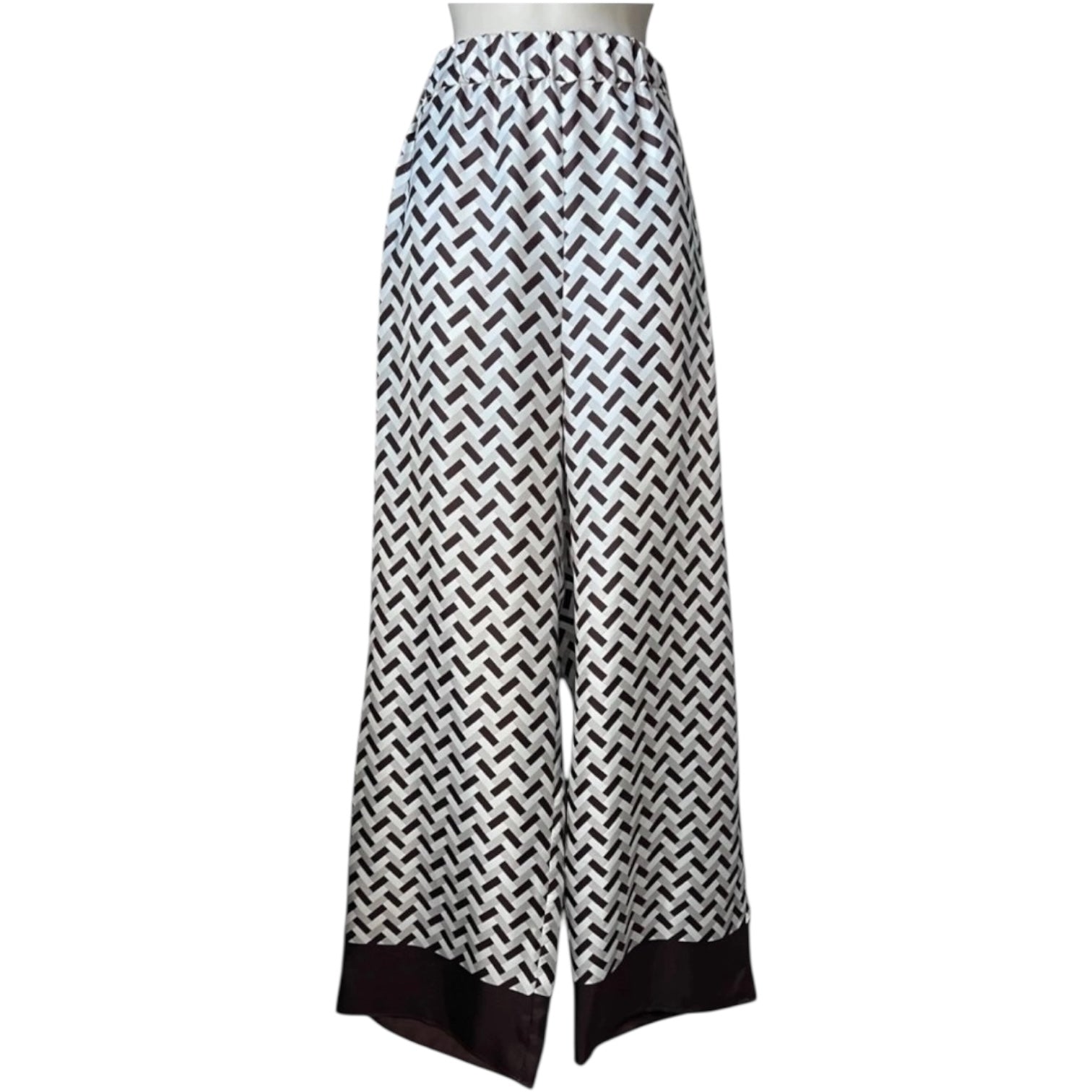 MaxMara Silk Wide-Leg Trousers – Retro Geometric Print, Lounge-Chic Pyjama Style, UK 14 – pre-loved