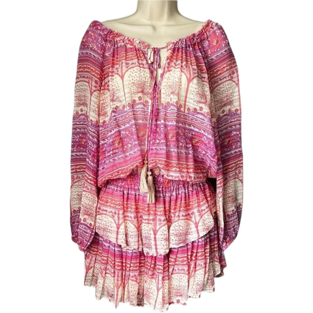 LoveShackFancy Silk Mini Dress – Off-Shoulder, Tiered Skirt, Boho Beach Style, Size L – pre-loved