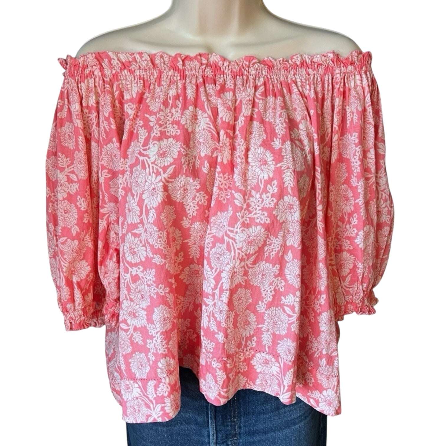 The Great Off-Shoulder Floral Top – Boho Prairie Style, Pink Cotton Poplin, Size 2 (M) – pre-loved