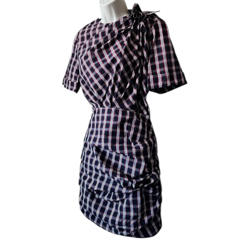 Isabel Marant Tartan Mini Dress – Ruched Cotton Check Short Sleeve, FR36