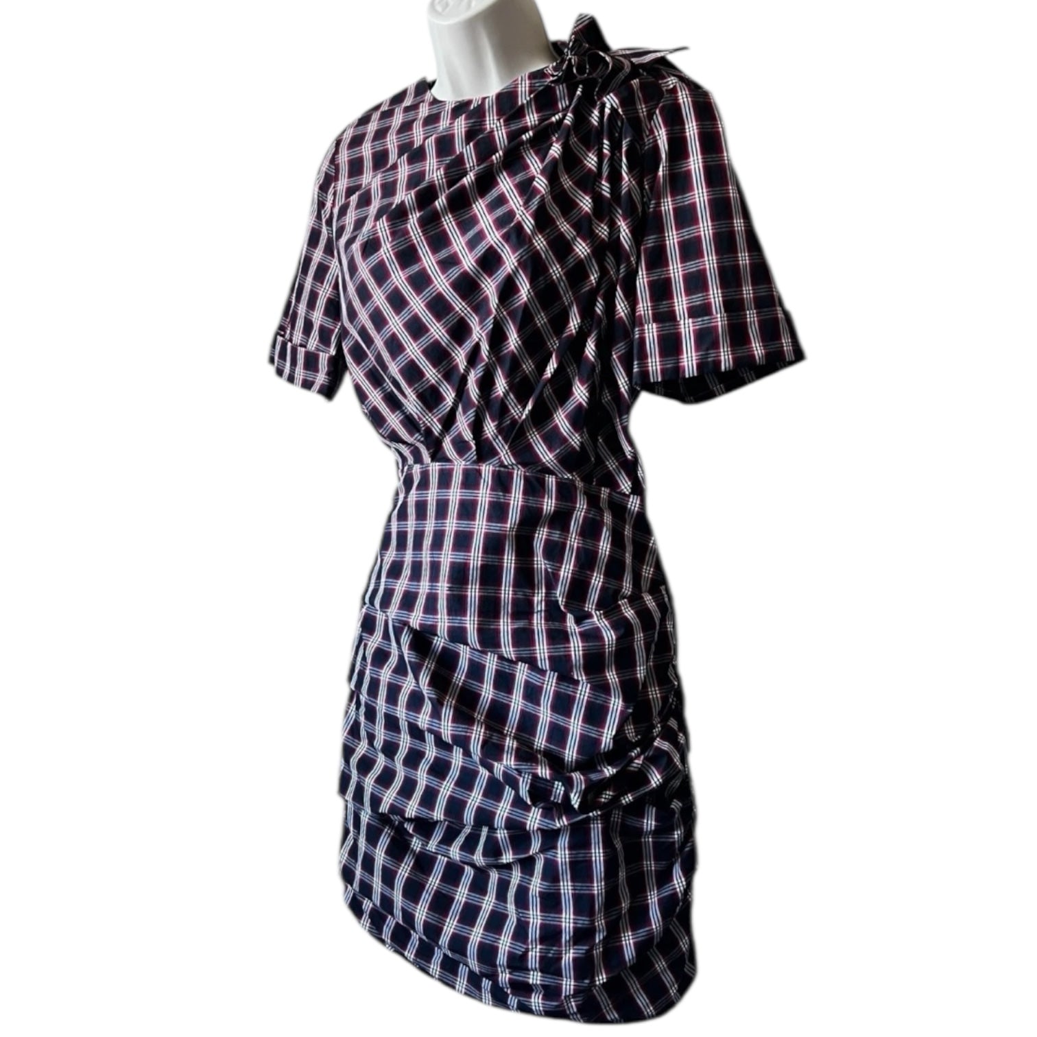 Isabel Marant Tartan Mini Dress – Ruched Cotton Check Short Sleeve, FR36