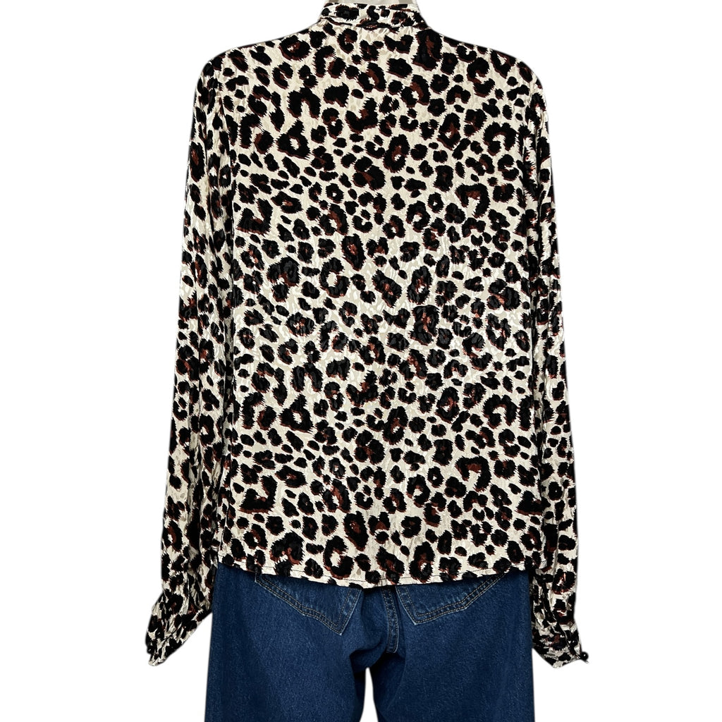 Kitri London Leopard Jacquard Pussy-Bow Blouse – V-Neck Balloon Sleeve Top, S