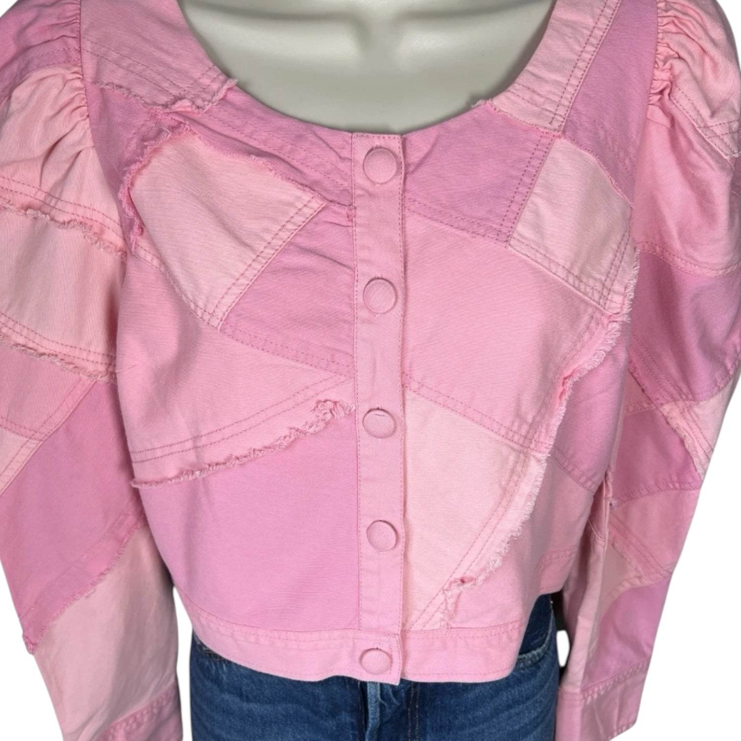 LoveShackFancy Patchwork Denim Cropped Jacket – Puff Sleeves, Fringe, Pink US8 – pre-loved