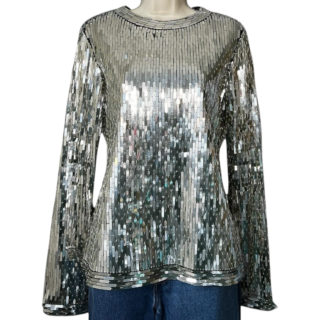 Off-White Sequin Embellished Long Sleeve Top – Silver, IT42