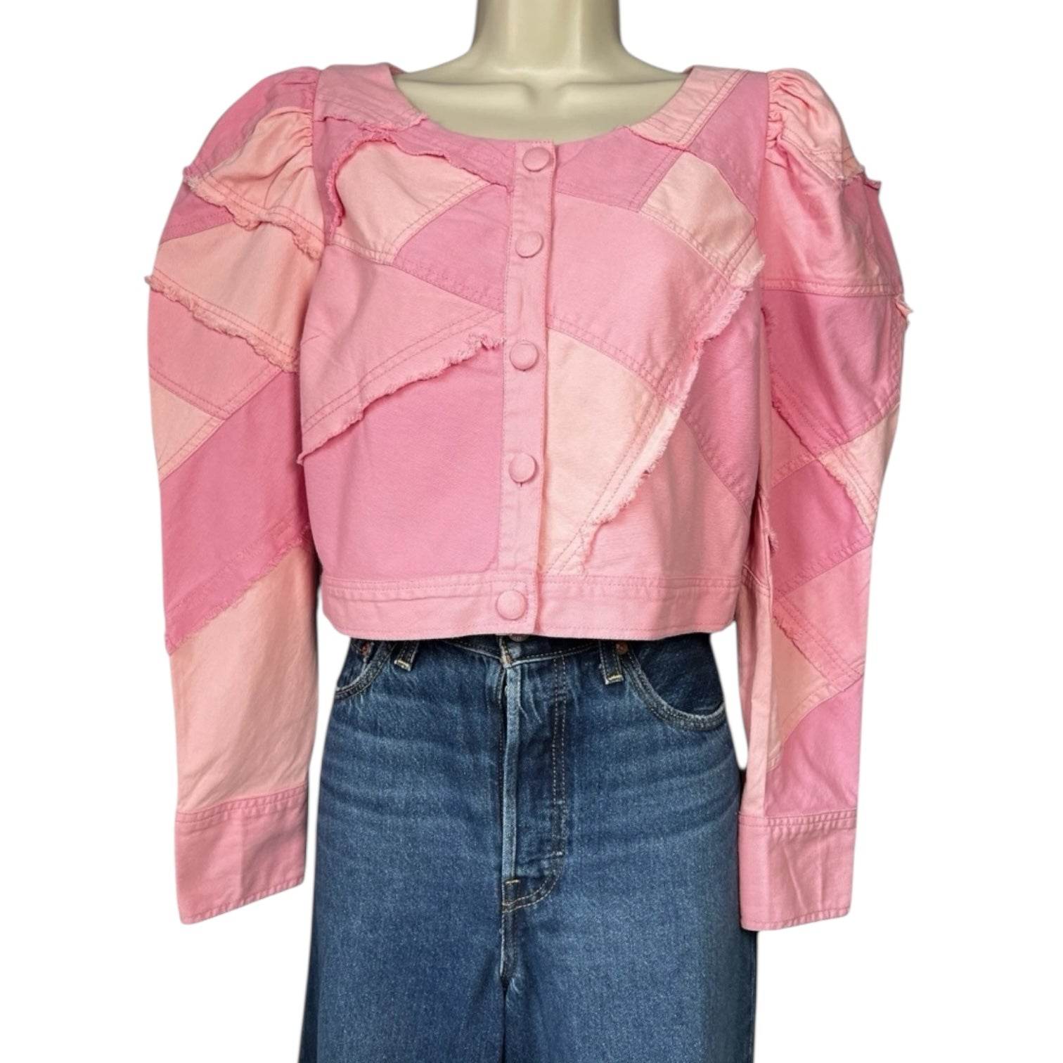 LoveShackFancy Patchwork Denim Cropped Jacket – Puff Sleeves, Fringe, Pink US8 – pre-loved