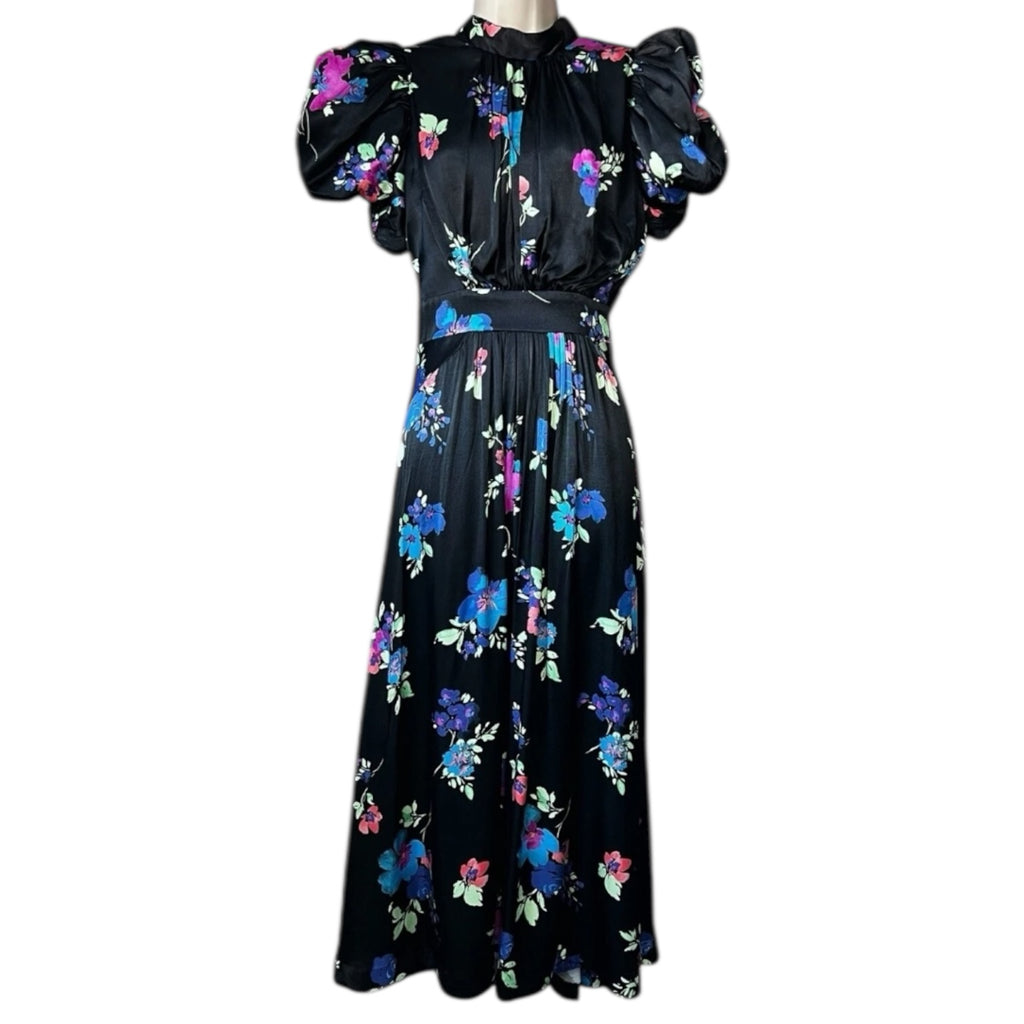 Rotate Birger Christensen Puff Sleeve Satin Midi Dress – Black Floral, DE38
