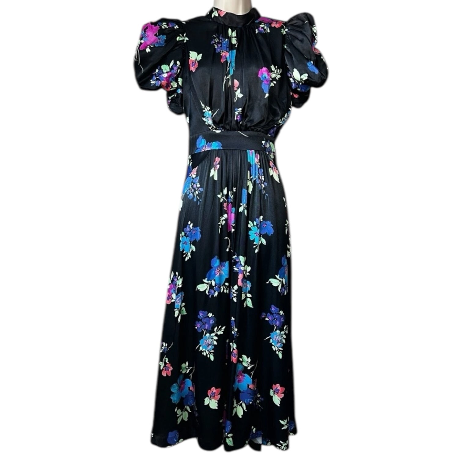 Rotate Birger Christensen Puff Sleeve Satin Midi Dress – Black Floral, DE38