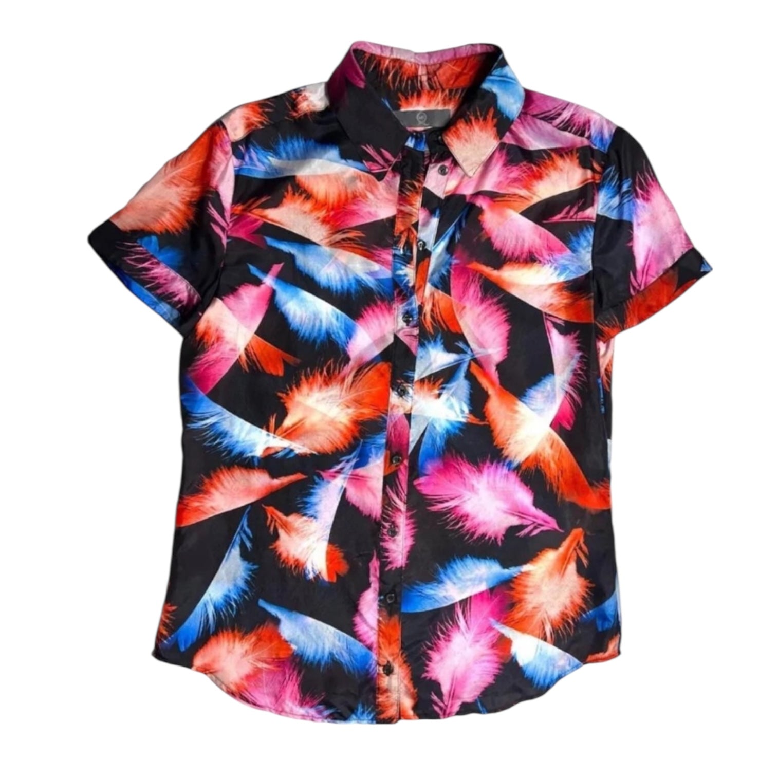 MCQ Alexander McQueen Silk Feather Blouse – Fitted Button-Up, Short Sleeves, IT 44 – pre-loved