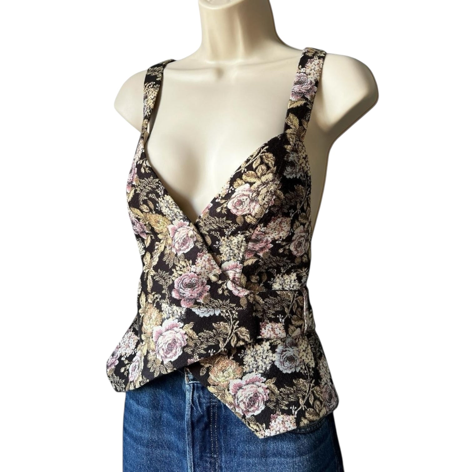Nanushka Levi Tapestry Floral Jacquard Peplum Wrap Vest Top – S