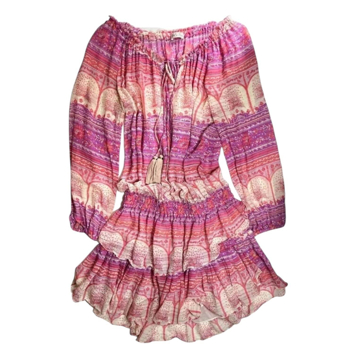 LoveShackFancy Silk Mini Dress – Off-Shoulder, Tiered Skirt, Boho Beach Style, Size L – pre-loved