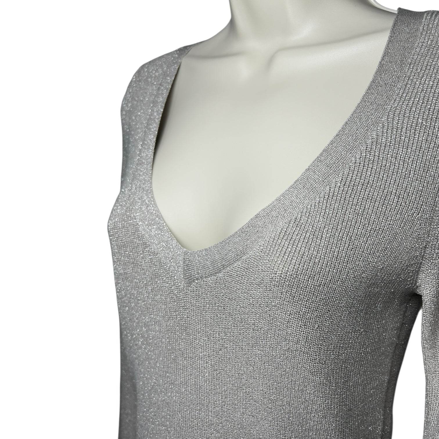 Joseph Metallic Silk V-Neck Jumper – Silver Knit, Size S – pre-loved