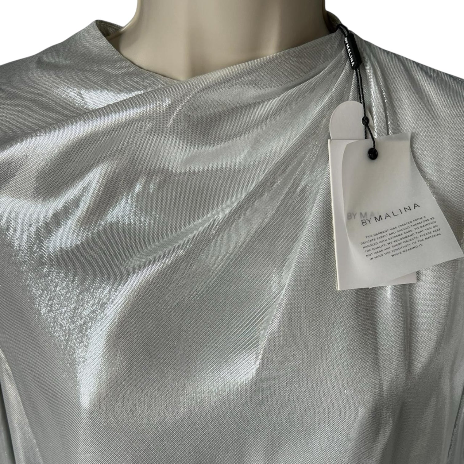 By Malina Metallic Silk Blend Draped Long Balloon Sleeve Blouse – XS