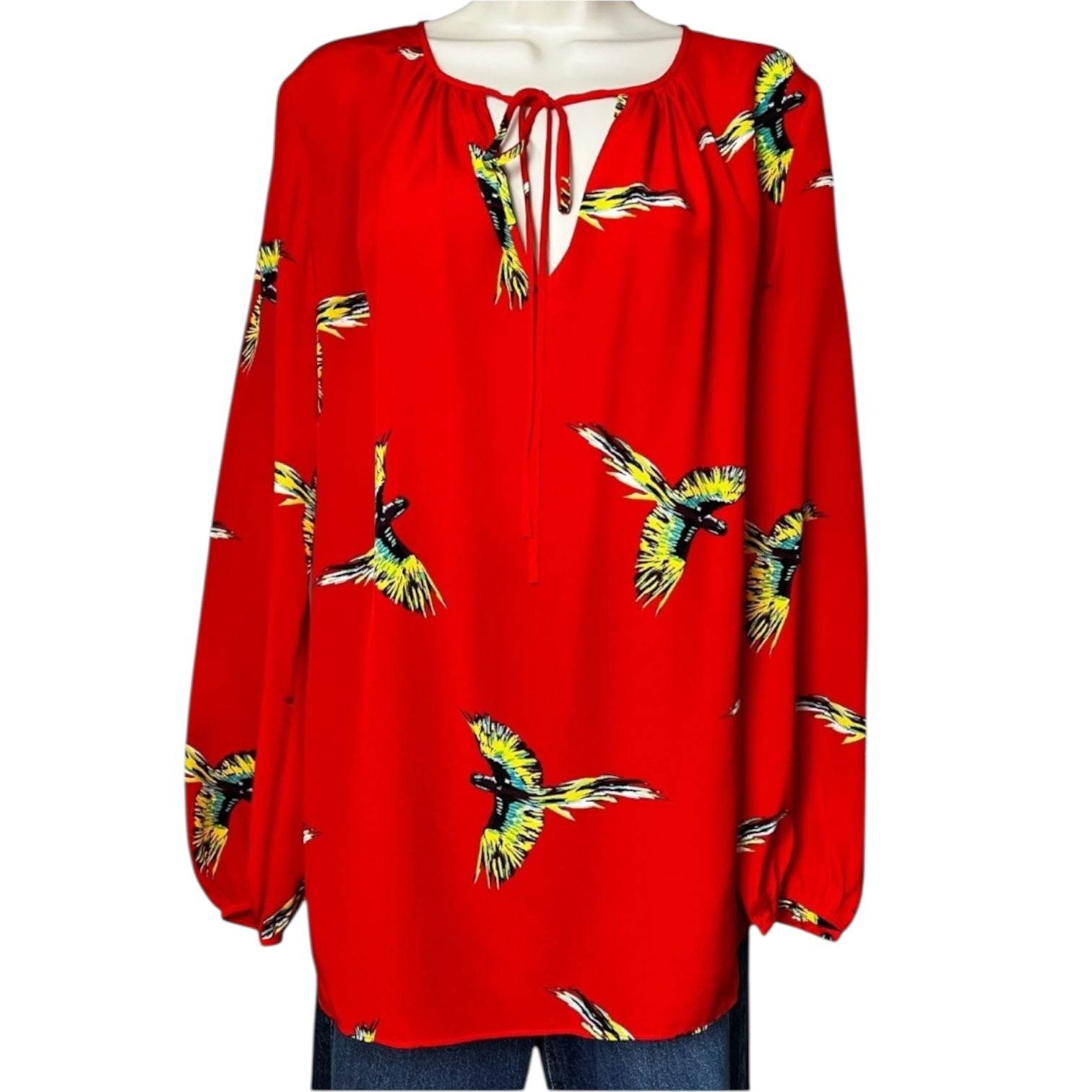 DVF Aurora Bird Print Silk Blouse – Red Tie Neck, US6 – pre-loved