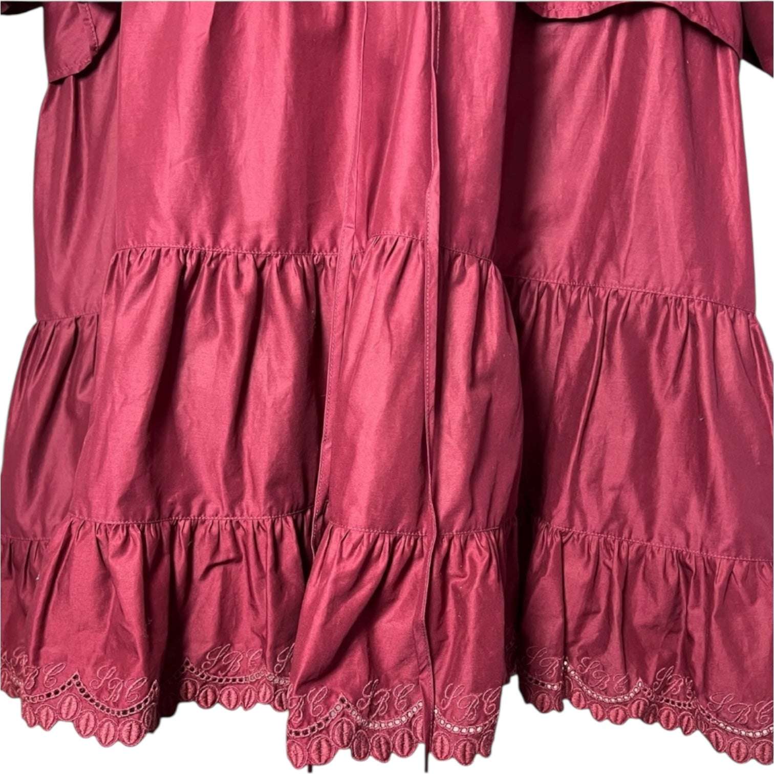 See By Chloé Tiered Ruffle Mini Dress – Red Broderie, Drawstring Waist, FR38 – pre-loved