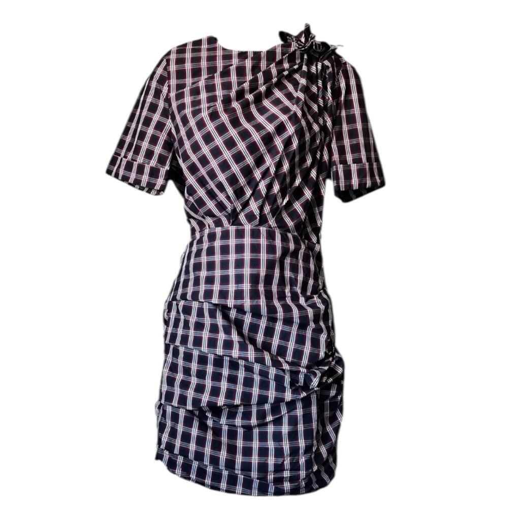 Isabel Marant Tartan Mini Dress – Ruched Cotton Check Short Sleeve, FR36