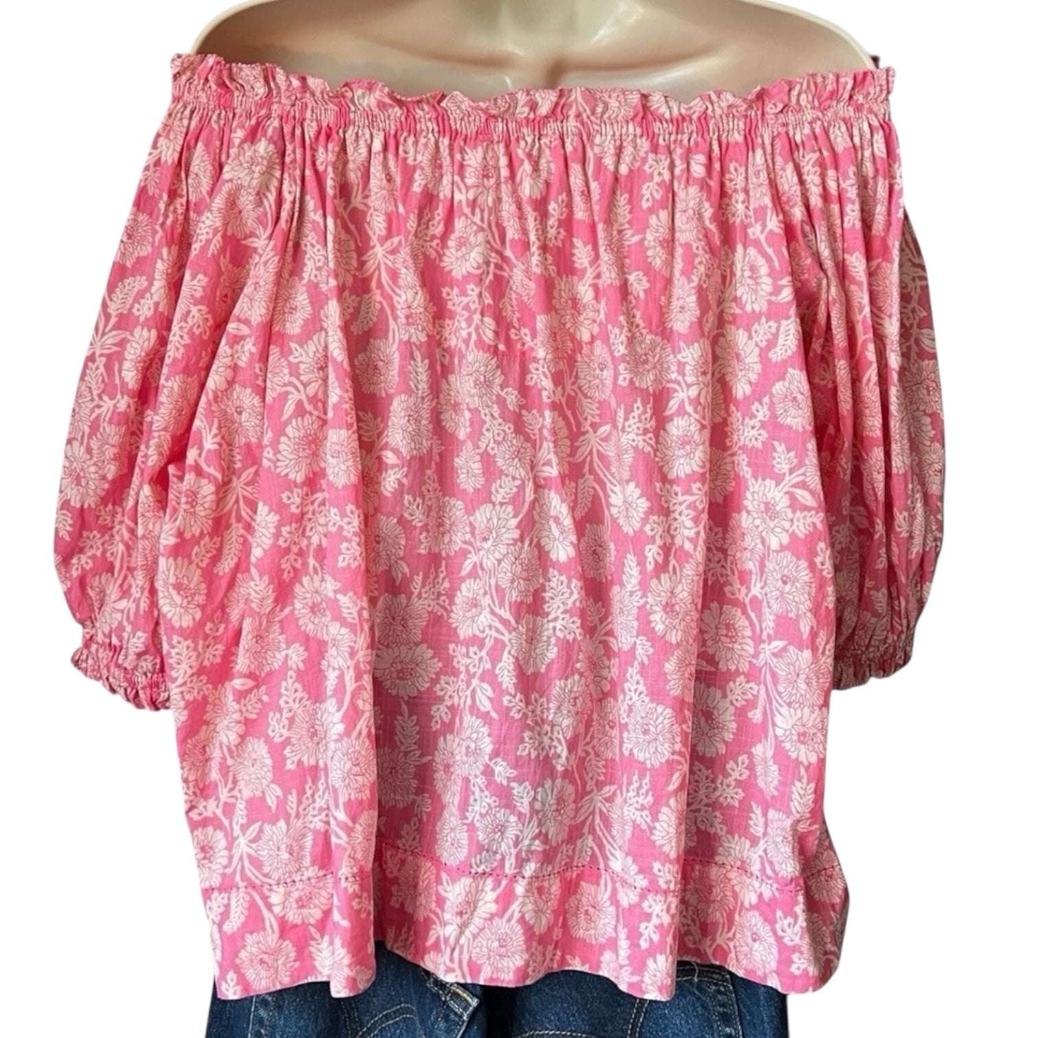The Great Off-Shoulder Floral Top – Boho Prairie Style, Pink Cotton Poplin, Size 2 (M) – pre-loved
