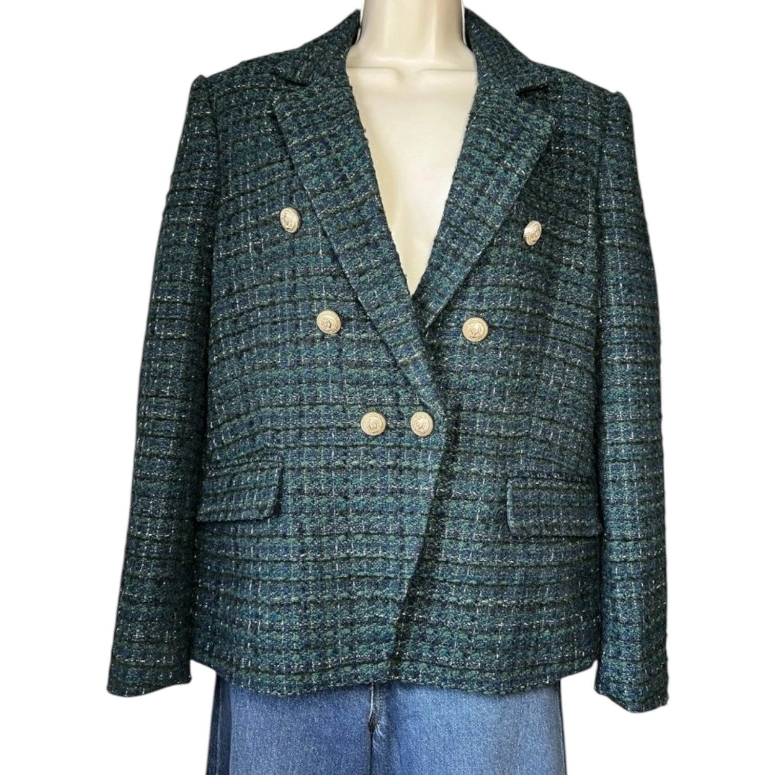 Generation Love Kaya Blazer – Metallic Hunter Green Tweed, Size L – pre-loved