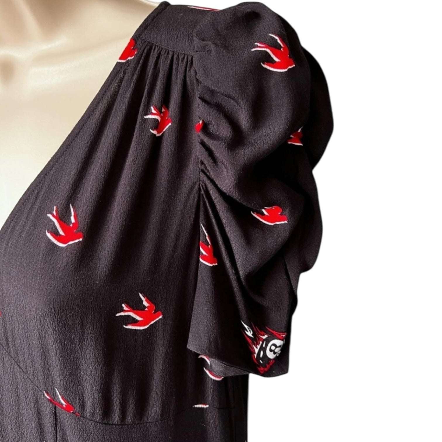 McQ Alexander McQueen Swallow Print Mini Dress – Black & Red, IT38 / UK6 – pre-loved