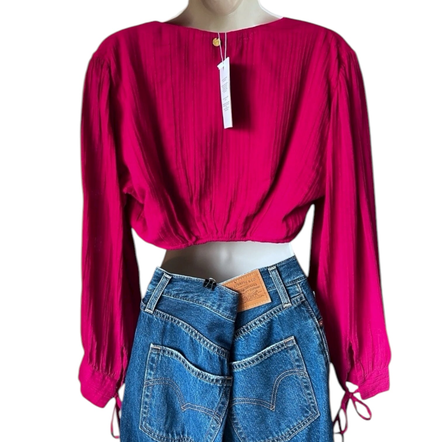 Antik Batik Plunge Ring Crop Top – Cotton Muslin Balloon Sleeve Blouse, S