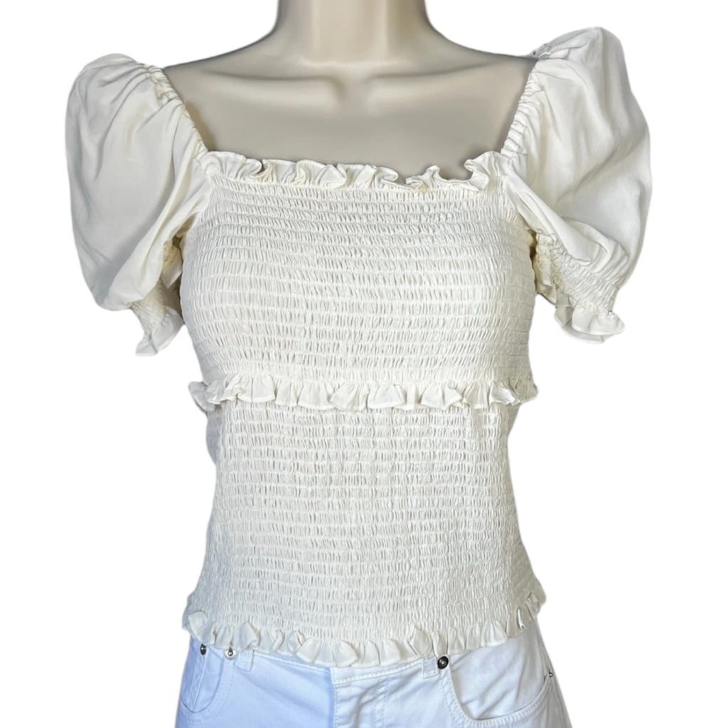 Cinq à Sept Square Neck Puff Sleeves Smocked Ruffle Silk Top – Ivory Blouse, S