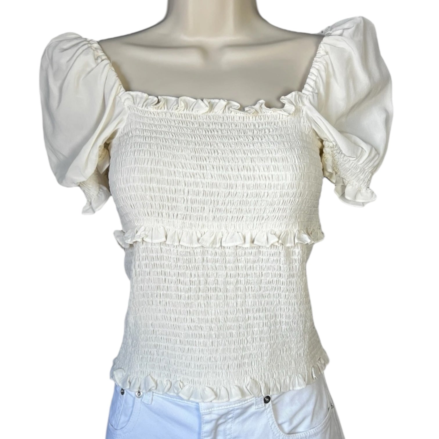 Cinq à Sept Square Neck Puff Sleeves Smocked Ruffle Silk Top – Ivory Blouse, S