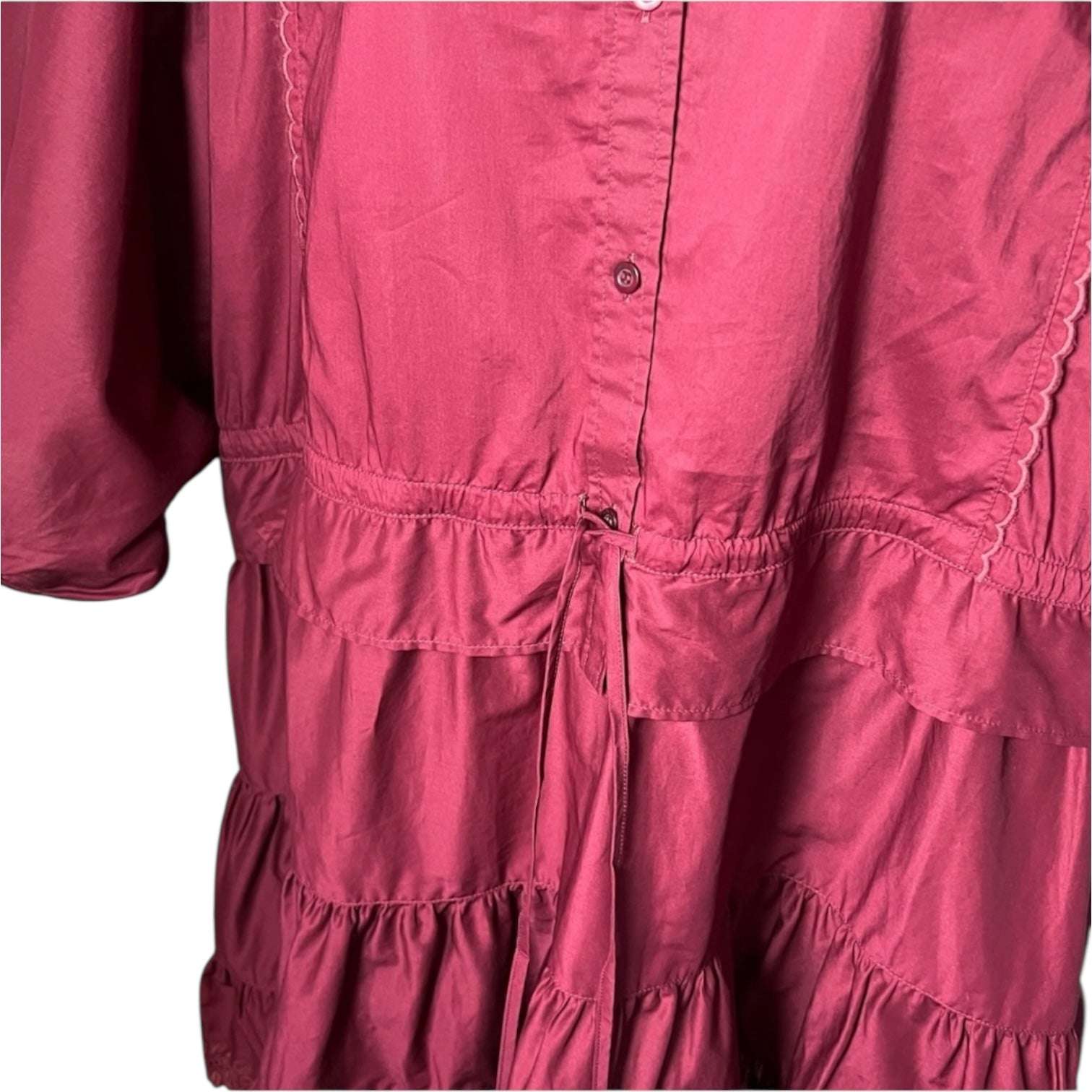 See By Chloé Tiered Ruffle Mini Dress – Red Broderie, Drawstring Waist, FR38 – pre-loved