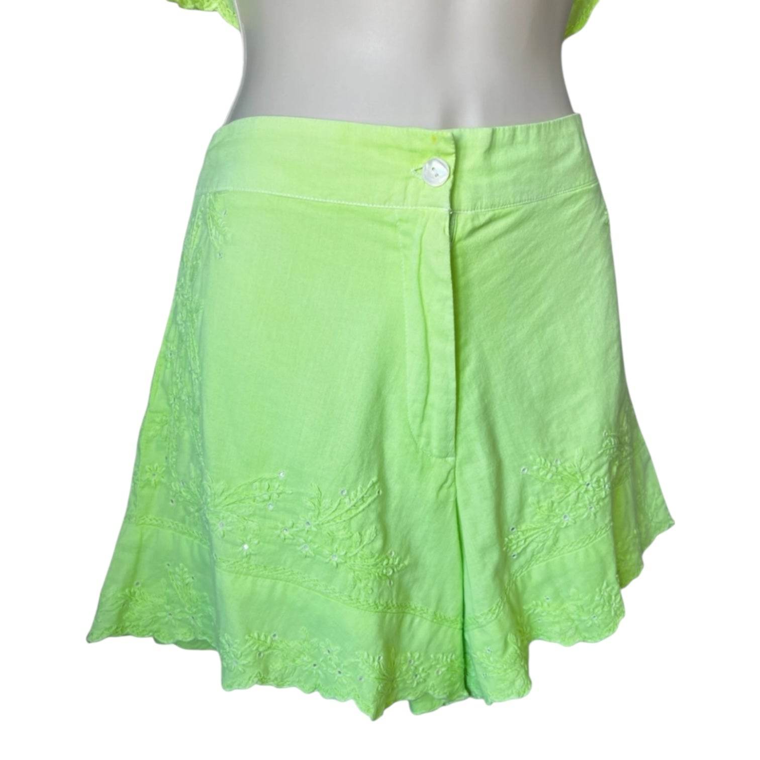 Juliet Dunn Embroidered Scalloped Mini Shorts – Neon Cotton, size 1 (UK8) – pre-loved