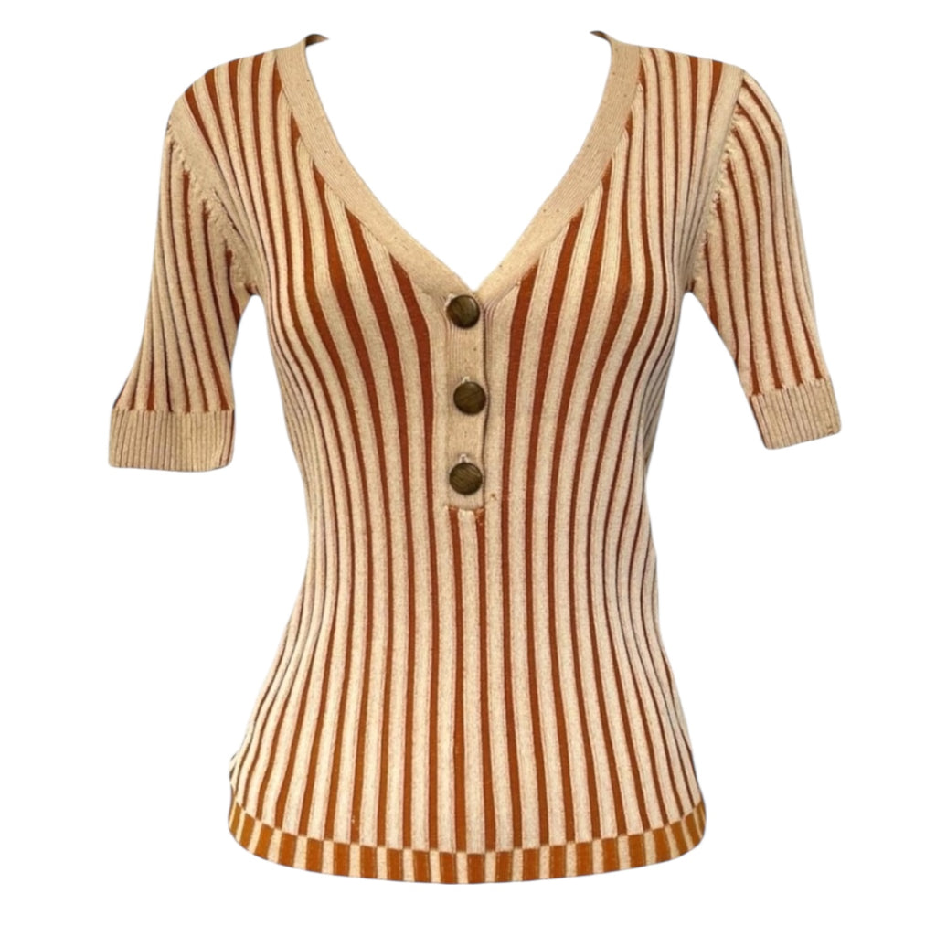 Nicholas Ribbed Knit Button Front V-Neck Top – Short Sleeve, Wooden Buttons, XS – pre-loved