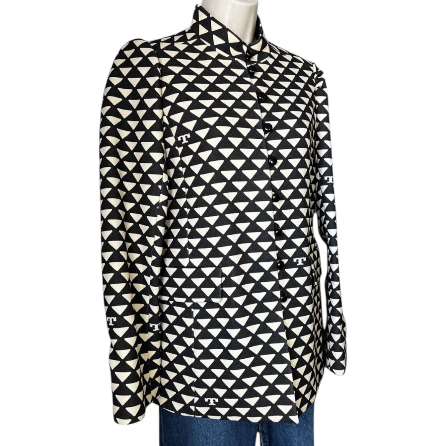 Tory Burch Triangle Geo Twill Crepe Jacket – Structured, Beige/Black, Size US 4 – pre-loved