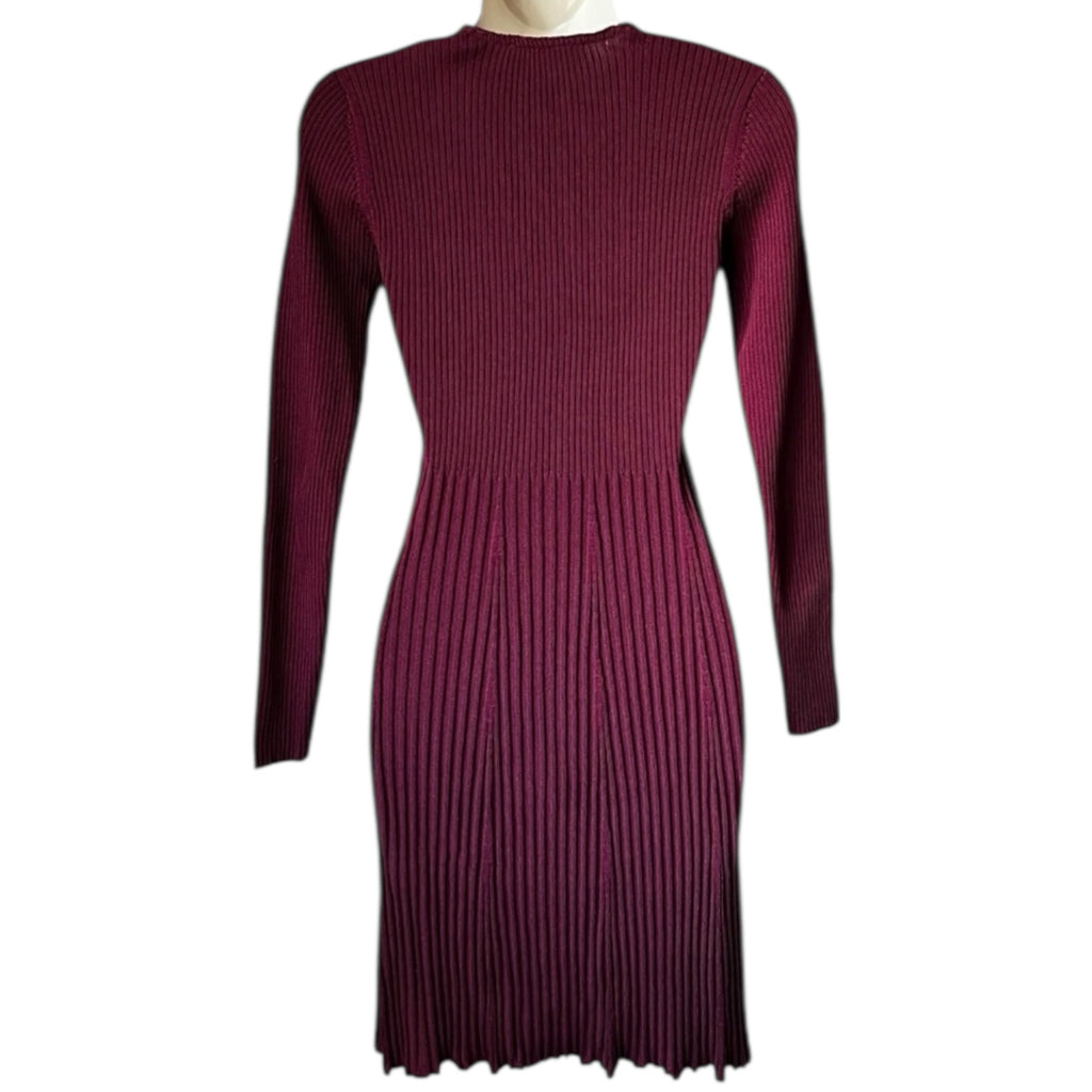 Sandro Paris Ribbed Knit Lace-Up Mini Dress – Burgundy Red, Size 3 (UK12)