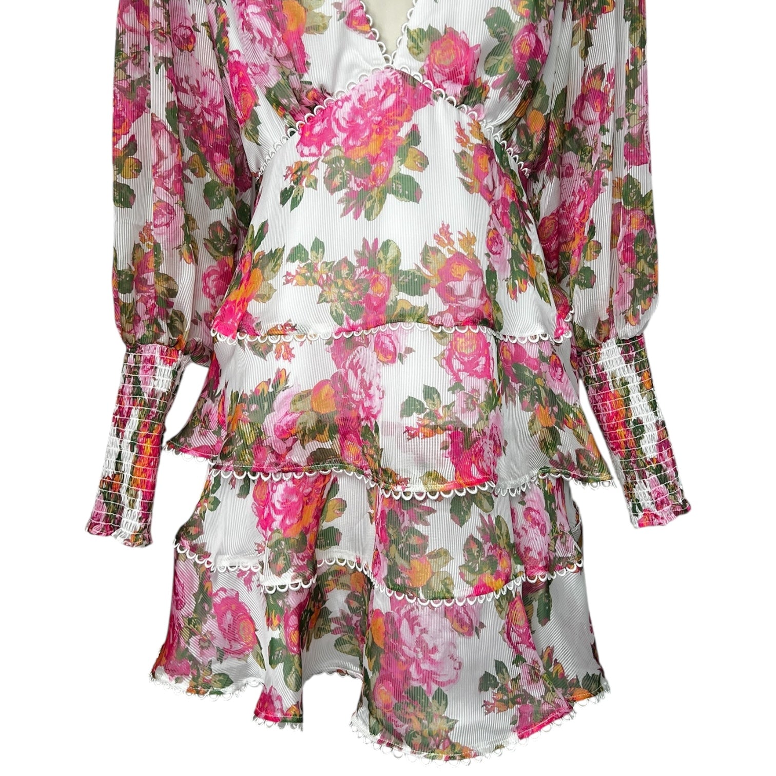 Keepsake The Label Oblivion Tiered Mini Dress – Floral Long Sleeve, Size M