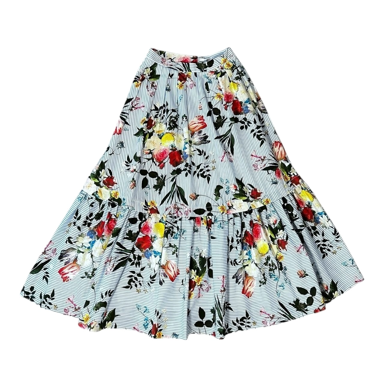 Erdem Leigh Floral Stripe Cotton Tiered Poplin Midi Skirt – UK6