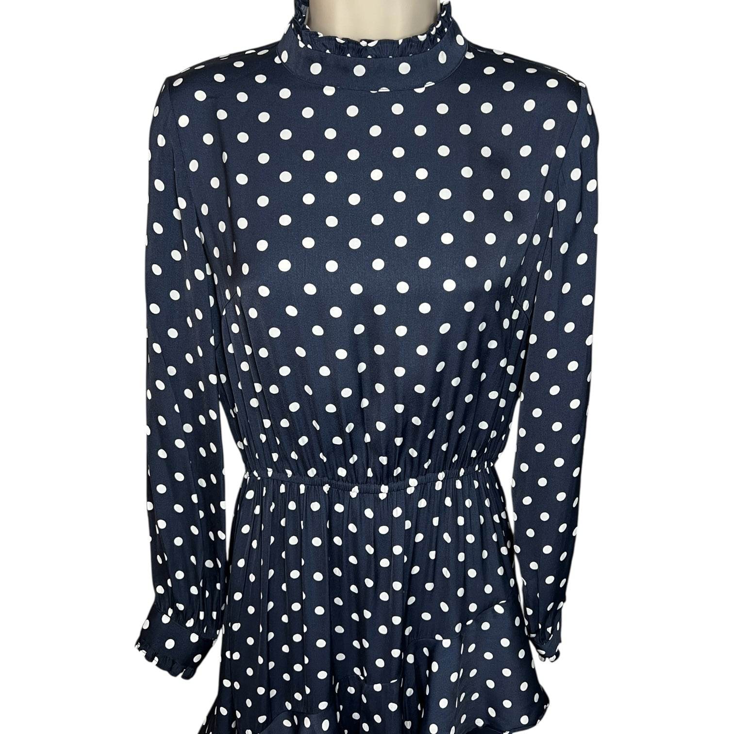 Essentiel Antwerp Polka Dot Midi Dress – Ruffle High Neck, Tiered Skirt, Navy, EU36 – pre-loved