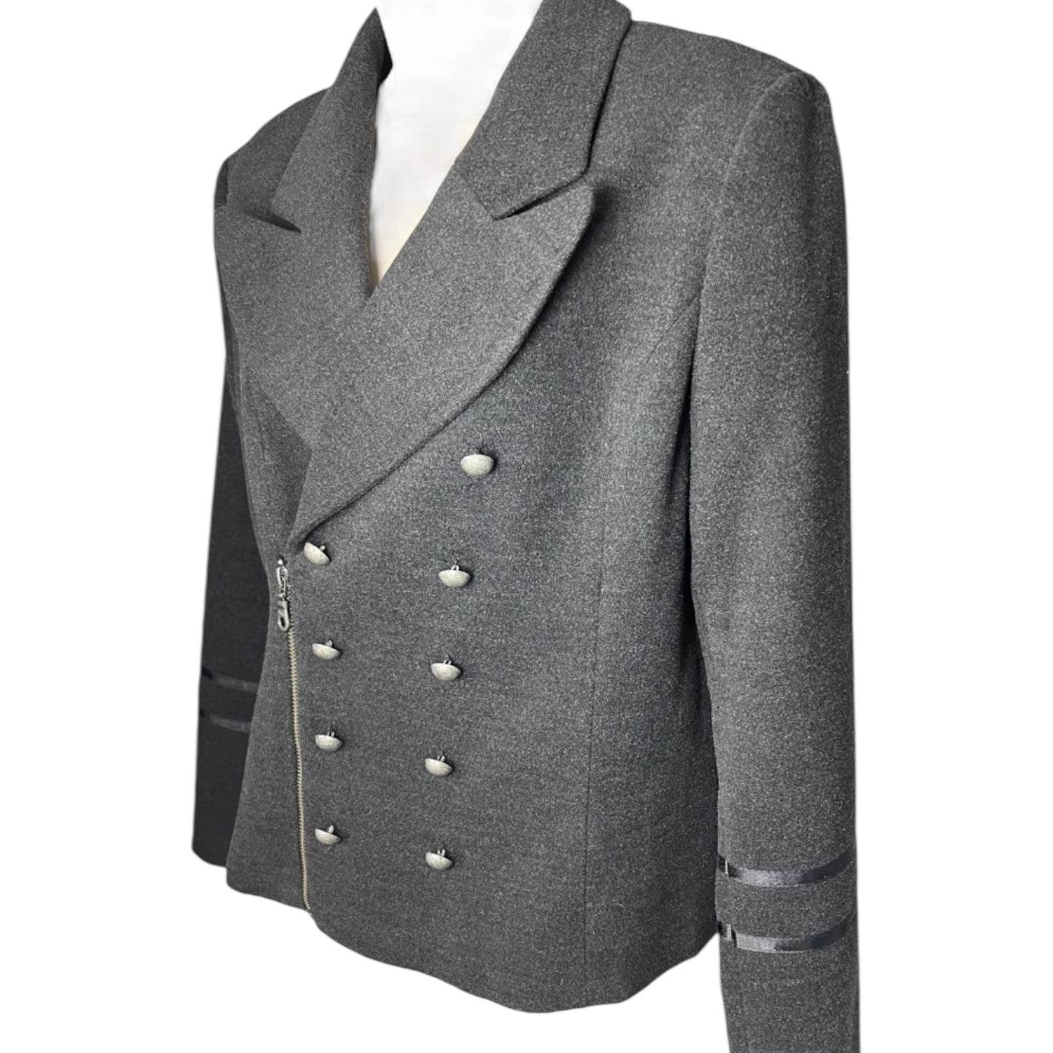 Anine Bing Tailored Military Zip Jacket – Structured Wool Blend, Dark Grey, Size L – pre-loved