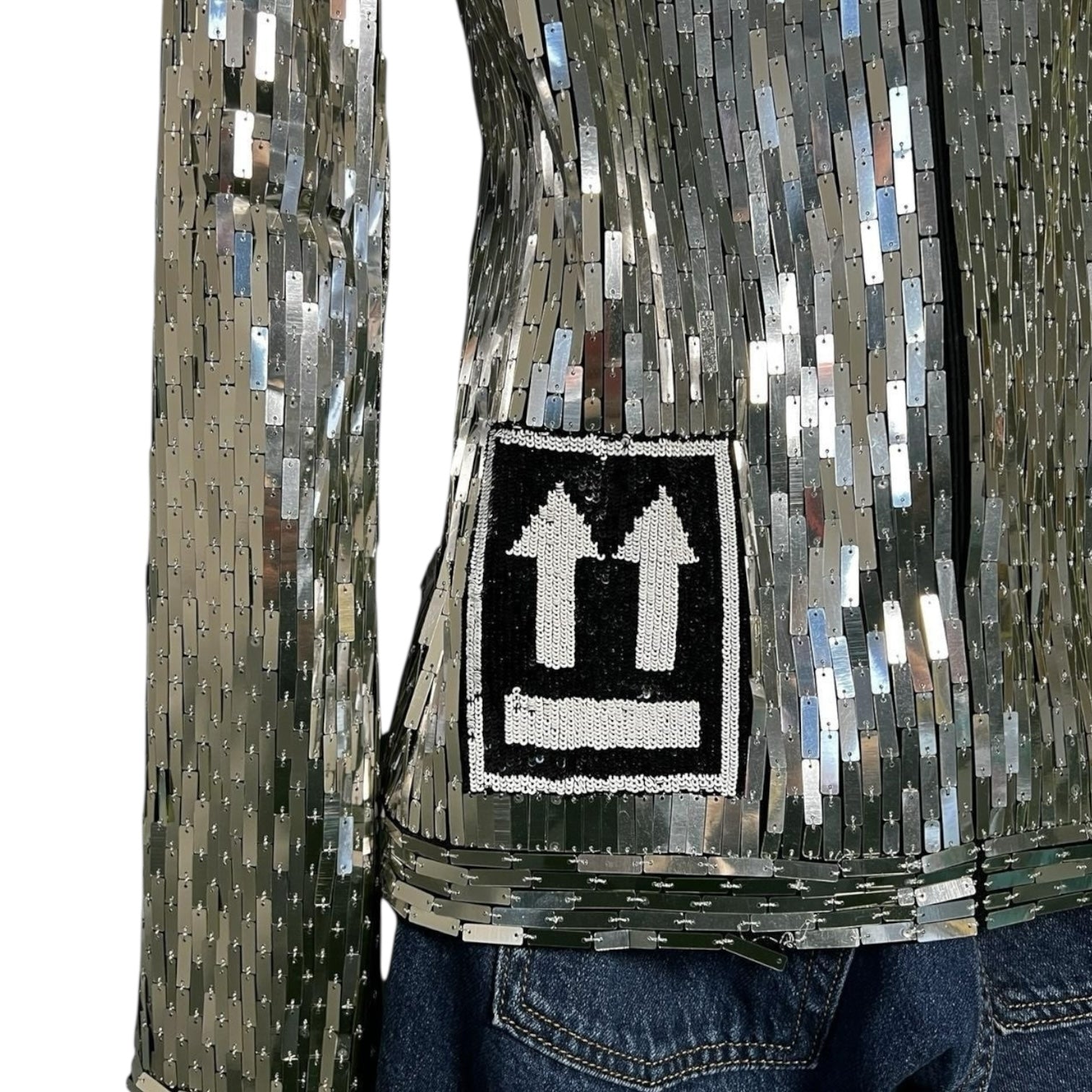 Off-White Sequin Embellished Long Sleeve Top – Silver, IT42