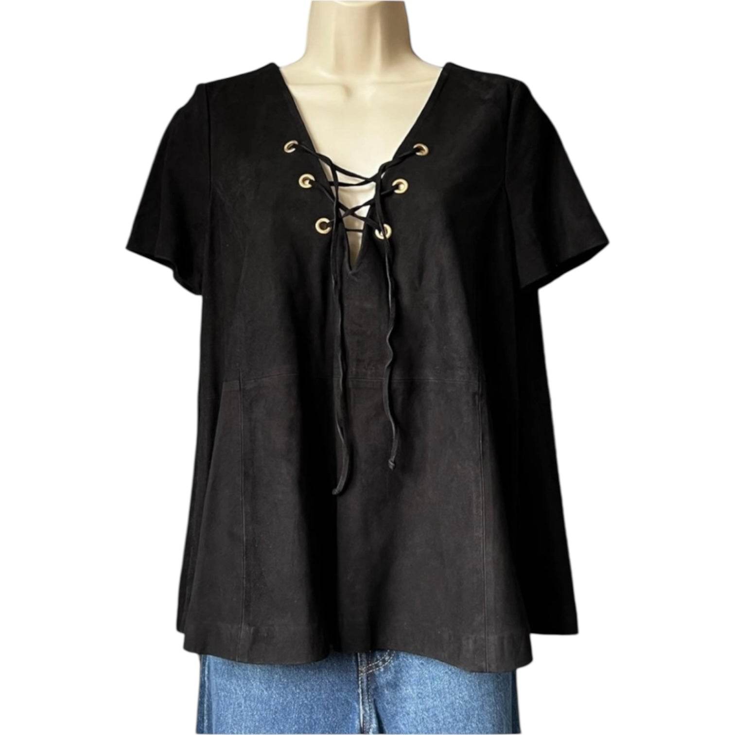 Ba&sh Suede Lace V-Neck Flare Blouse – Black, Size 2 (UK 10) – pre-loved