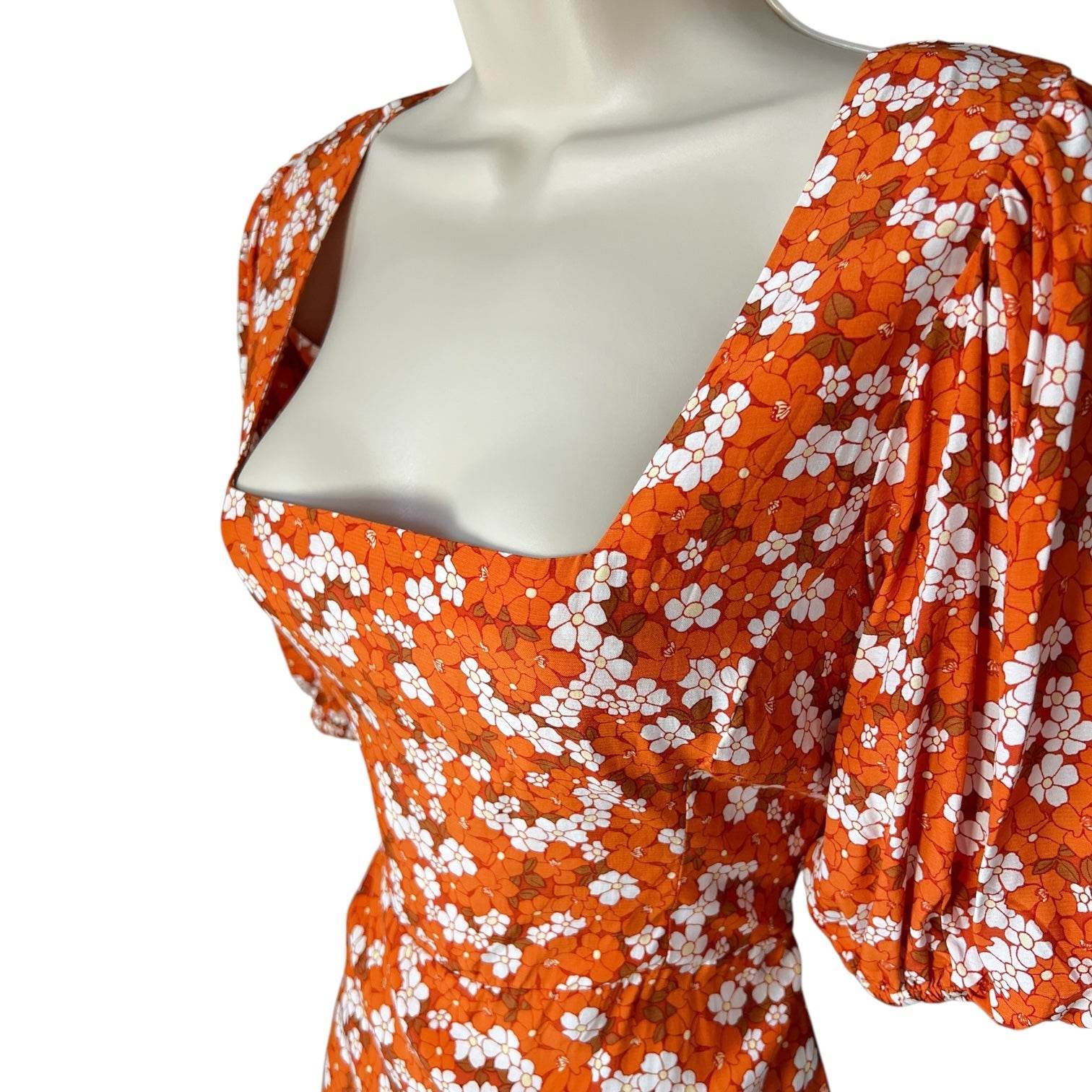 Faithfull The Brand Floral Mini Dress – Puff Sleeves, Open Back, M – pre-loved