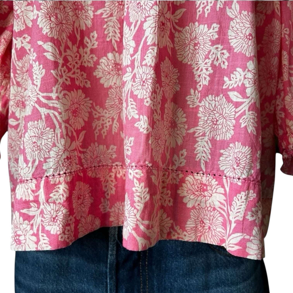 The Great Off-Shoulder Floral Top – Boho Prairie Style, Pink Cotton Poplin, Size 2 (M) – pre-loved