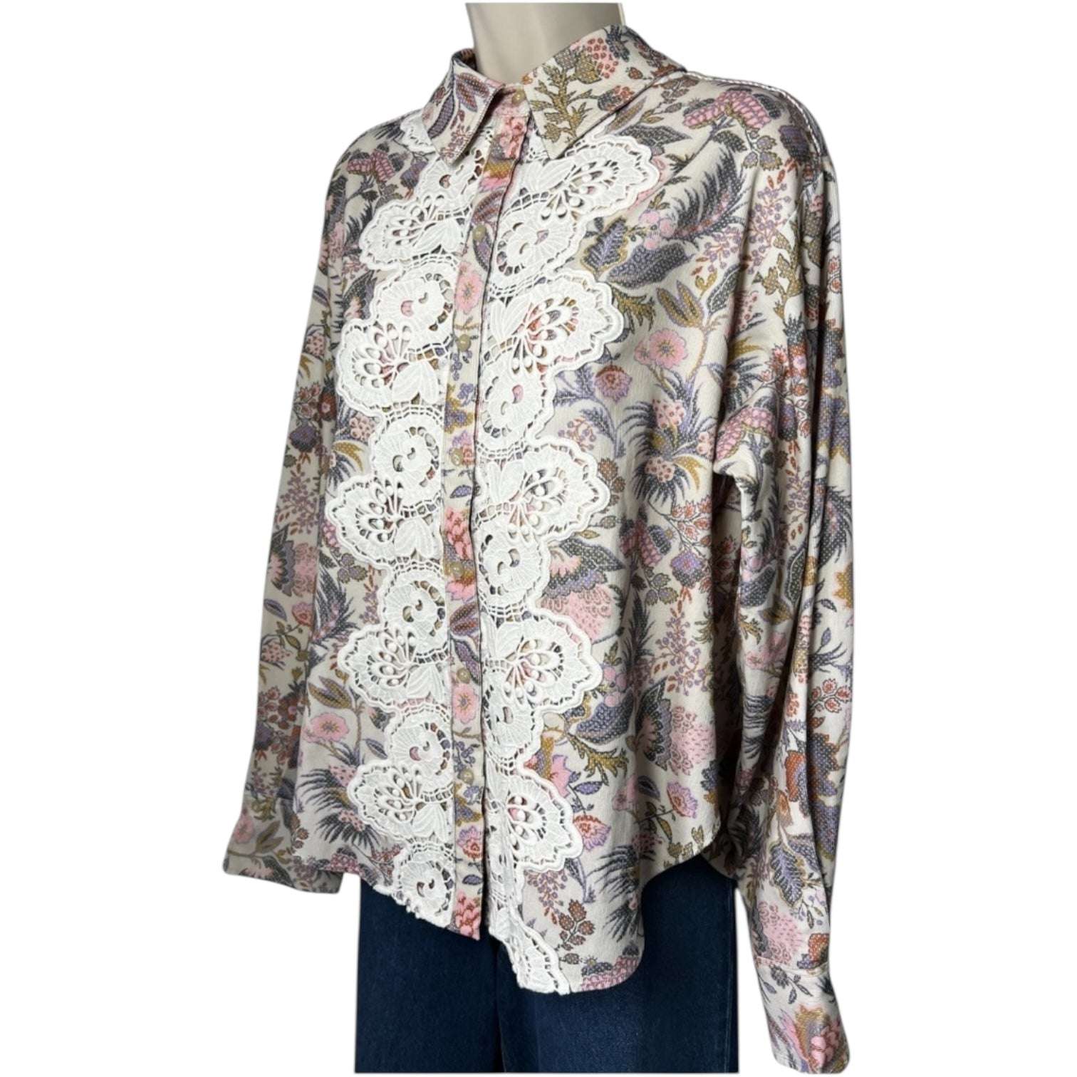 See By Chloé Floral Corduroy Shirt – Lace Trim, Balloon Sleeves, FR38 – pre-loved