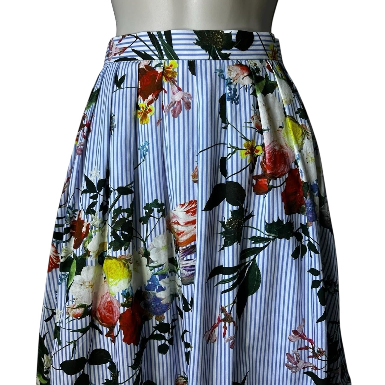 Erdem Leigh Floral Stripe Cotton Tiered Poplin Midi Skirt – UK6