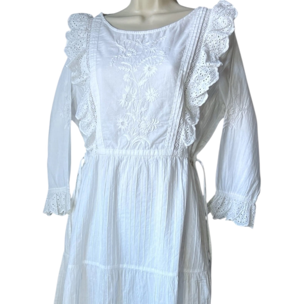 Pink City Prints Embroidered Prairie Ruffle Midi Dress – White, Cotton, L