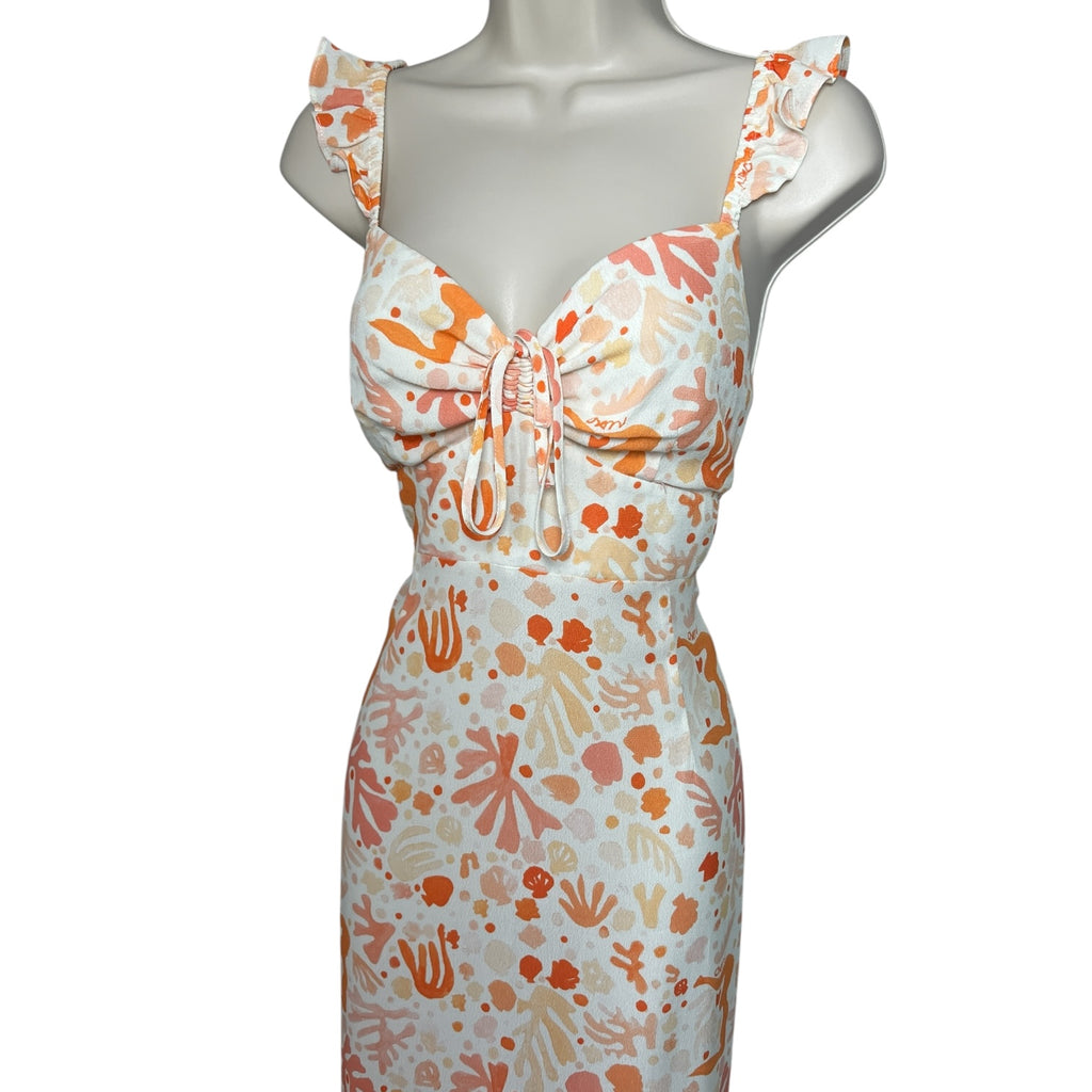 RIXO Cecile Maxi Dress – Ruffled Shell Print Crepe, Summer Wedding Guest Style, Size L – pre-loved