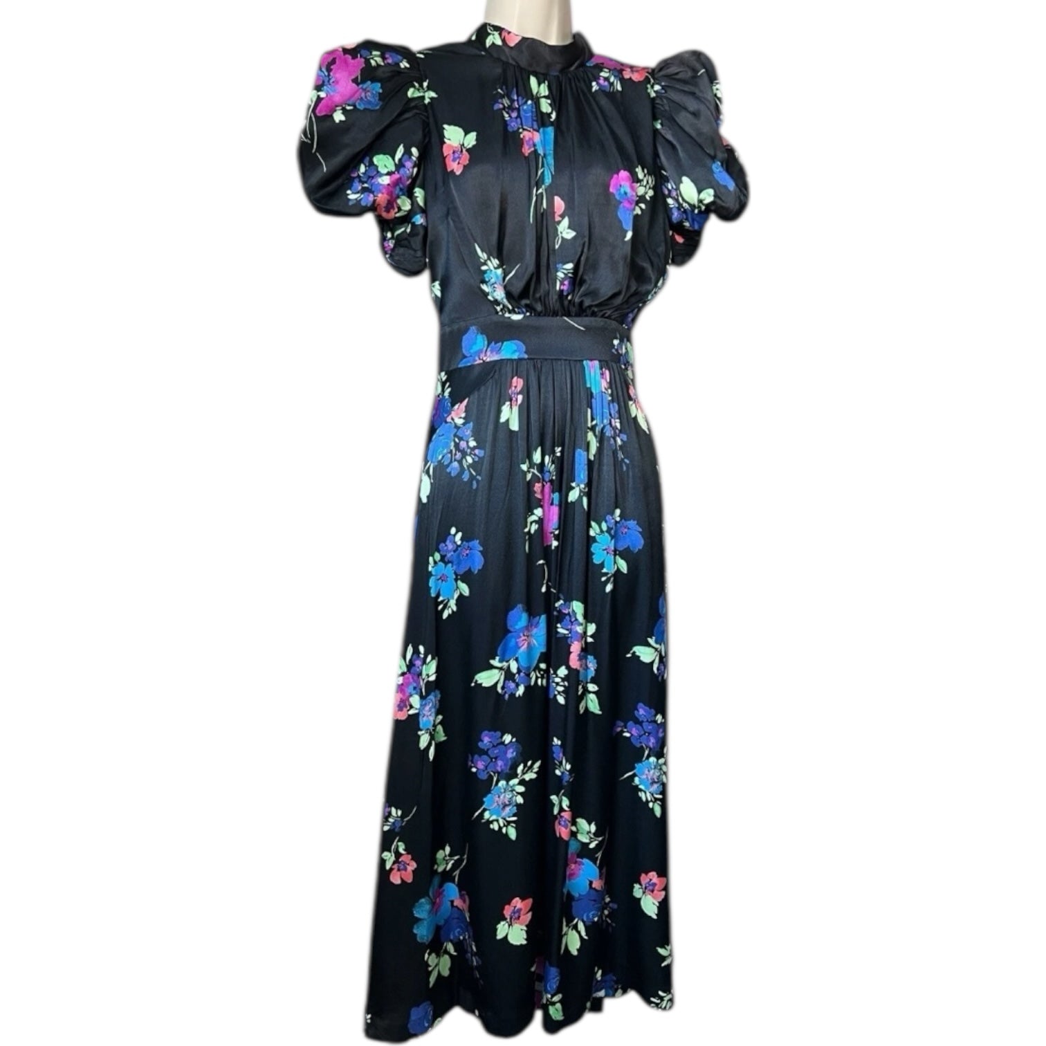 Rotate Birger Christensen Puff Sleeve Satin Midi Dress – Black Floral, DE38
