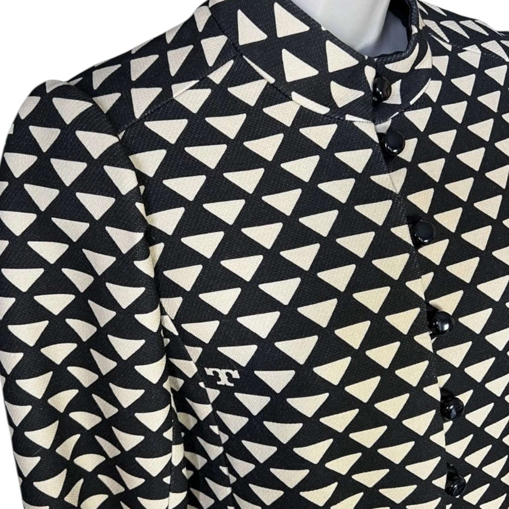 Tory Burch Triangle Geo Twill Crepe Jacket – Structured, Beige/Black, Size US 4 – pre-loved