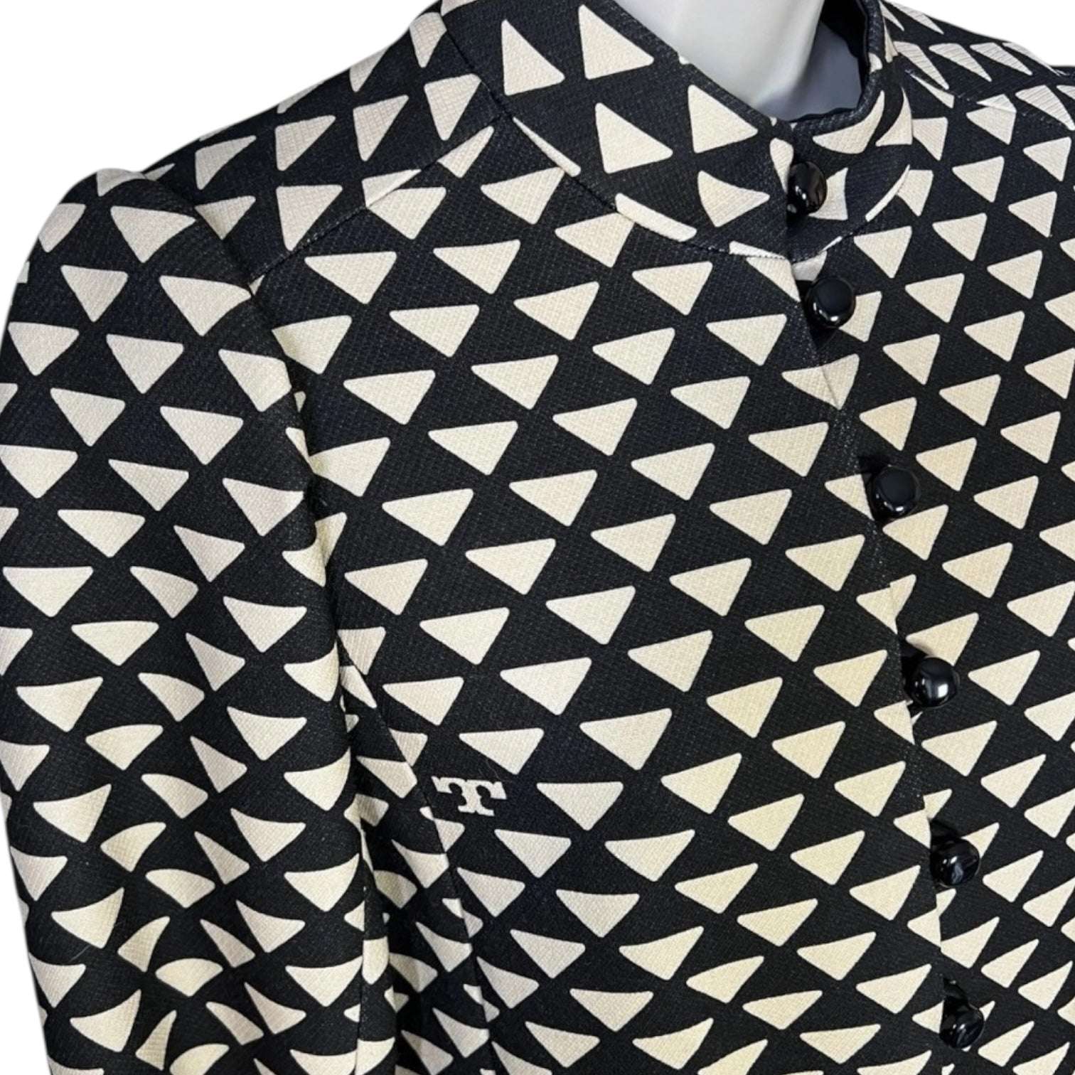 Tory Burch Triangle Geo Twill Crepe Jacket – Structured, Beige/Black, Size US 4 – pre-loved
