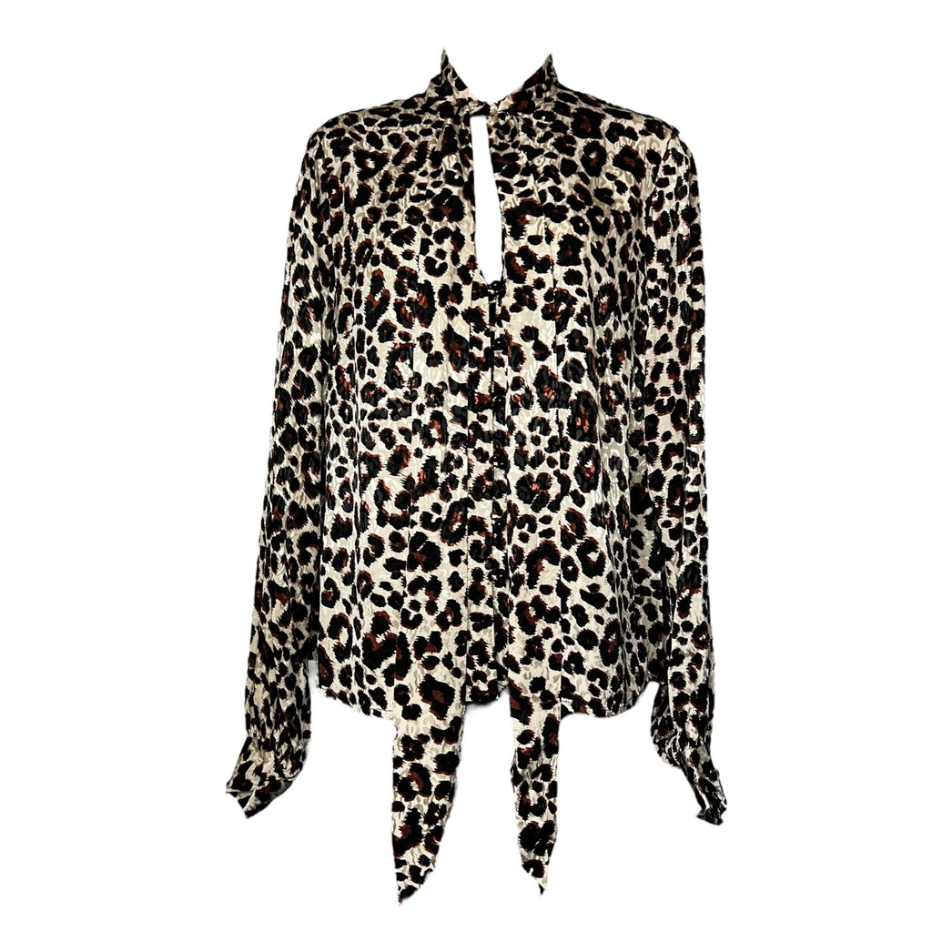 Kitri London Leopard Jacquard Pussy-Bow Blouse – V-Neck Balloon Sleeve Top, S