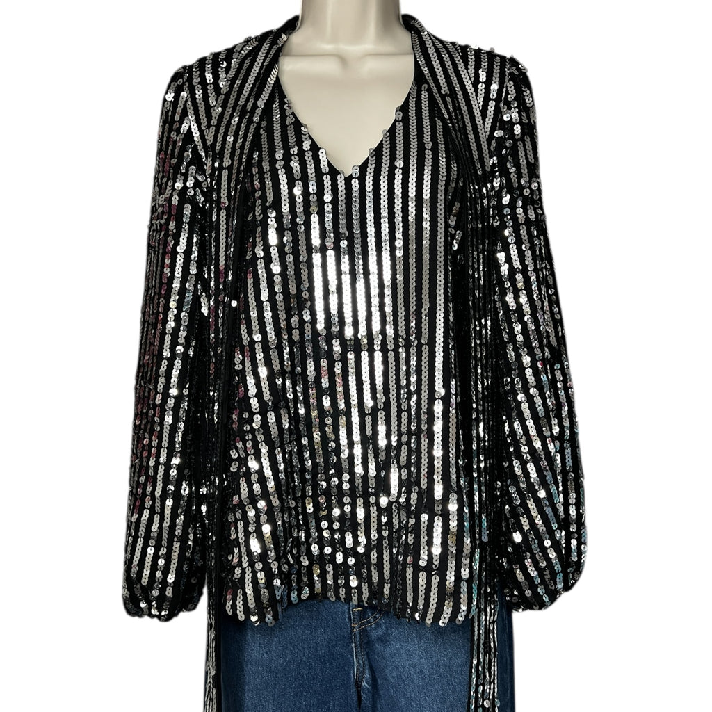 Rixo London Sequin Metallic Pussy Bow Balloon Sleeve Top – M