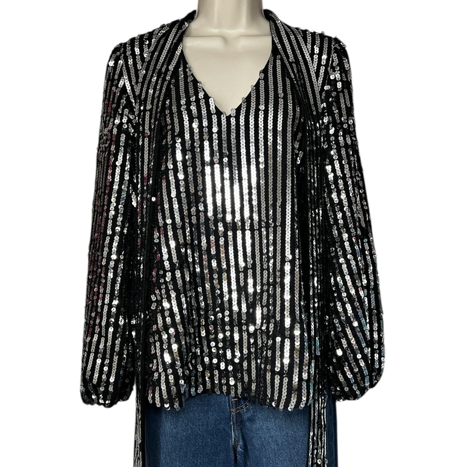 Rixo London Sequin Metallic Pussy Bow Balloon Sleeve Top – M