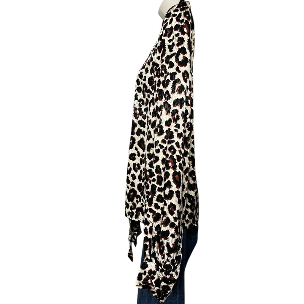 Kitri London Leopard Jacquard Pussy-Bow Blouse – V-Neck Balloon Sleeve Top, S