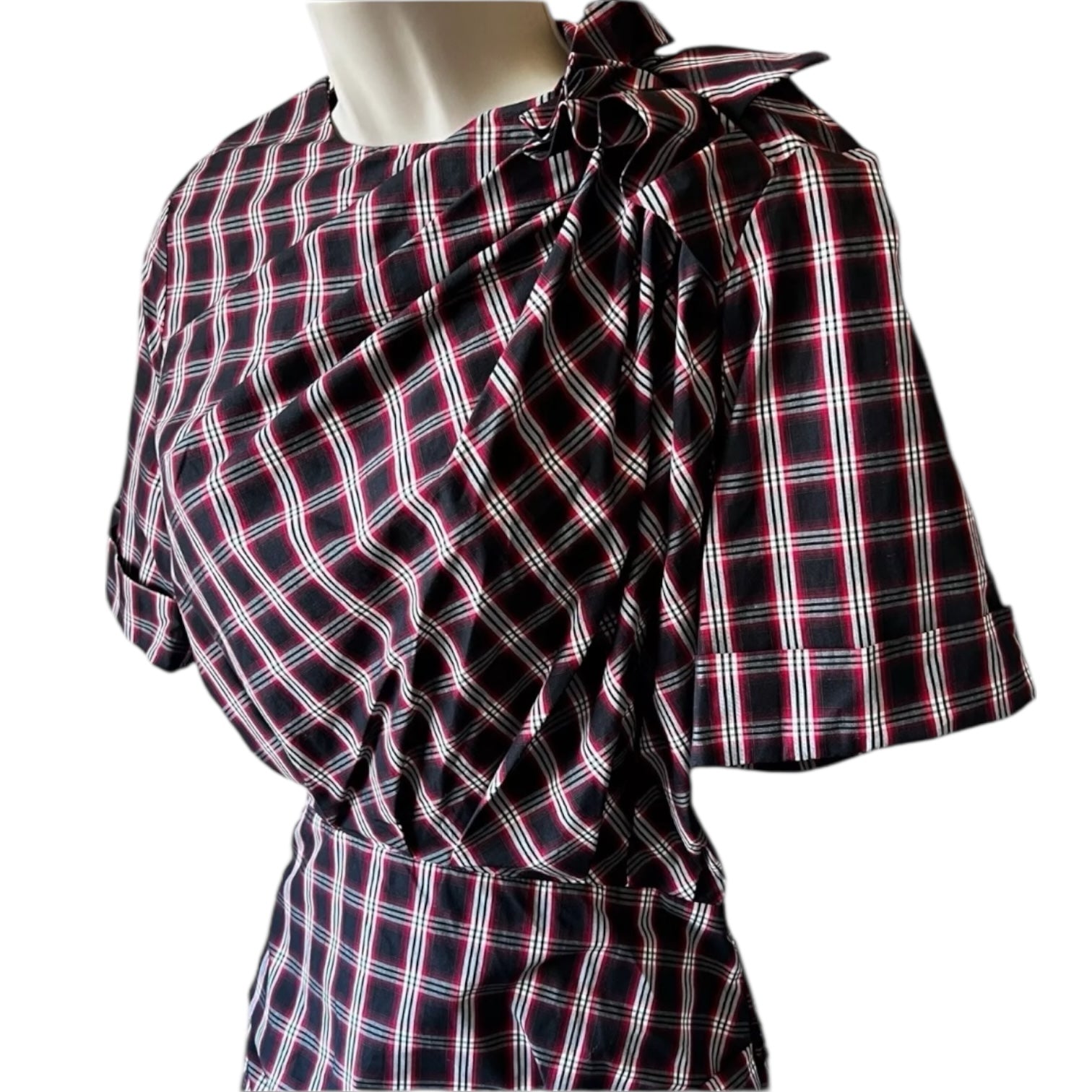 Isabel Marant Tartan Mini Dress – Ruched Cotton Check Short Sleeve, FR36